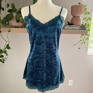 INC Crushed Velvet Teal Blue Lace Cami Slip Tank  M Y2K Lingeriecore Fall